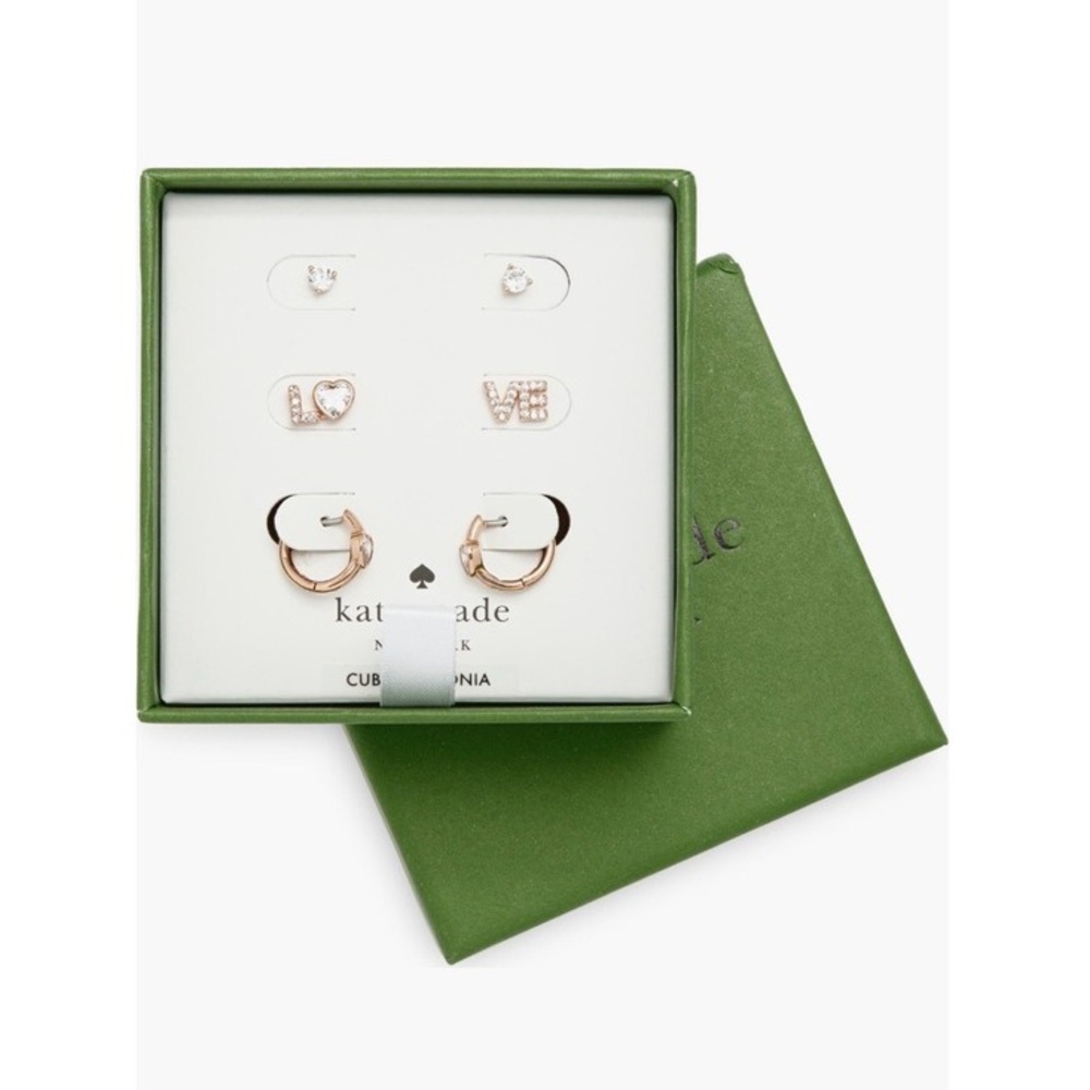 kate spade rose gold and clear crystal earring set - hearts, LOVE studs & hoops